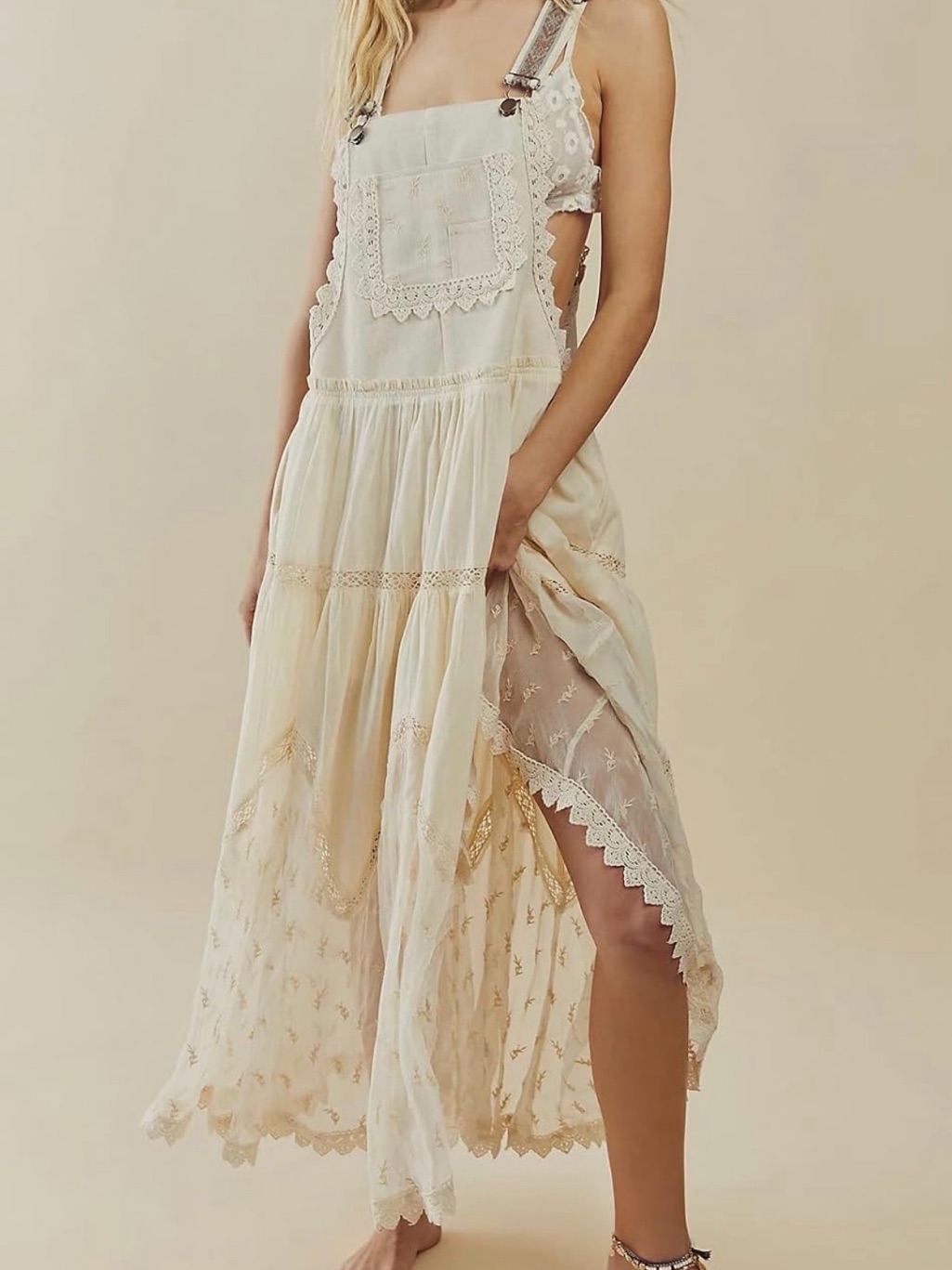 Bohemian Cream Lace-Trim Maxi Dress